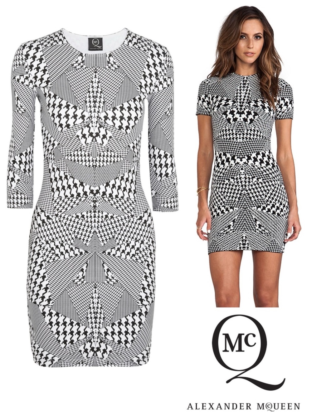Alexander McQueen Houndstooth Bodycon Jacquard Dress in Geometric Black/White